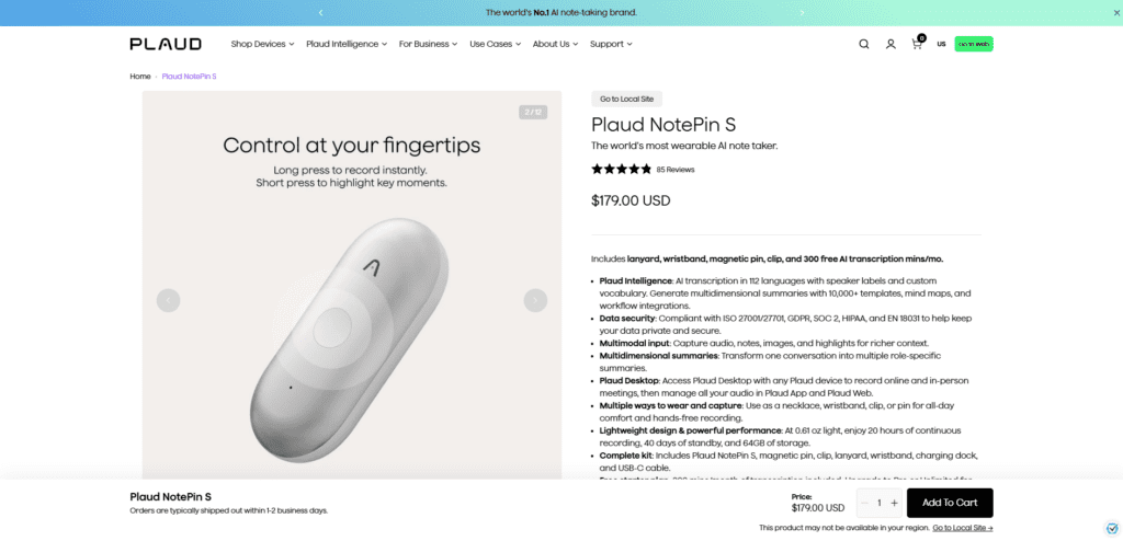 4. Plaud NotePin S AI Voice Recorder