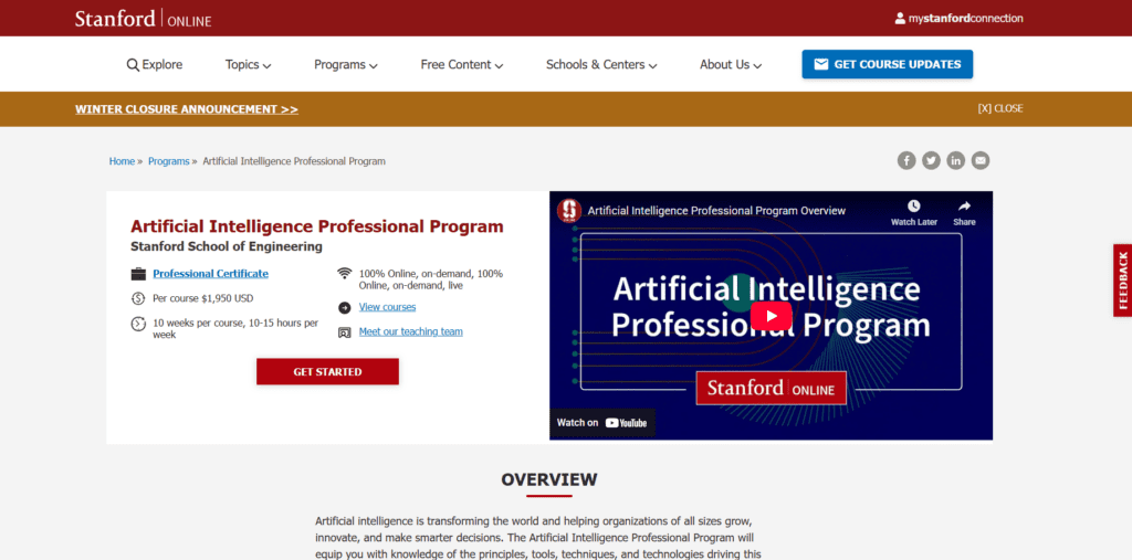 Stanford Artificial Intelligence Professional Program (Stanford Online)