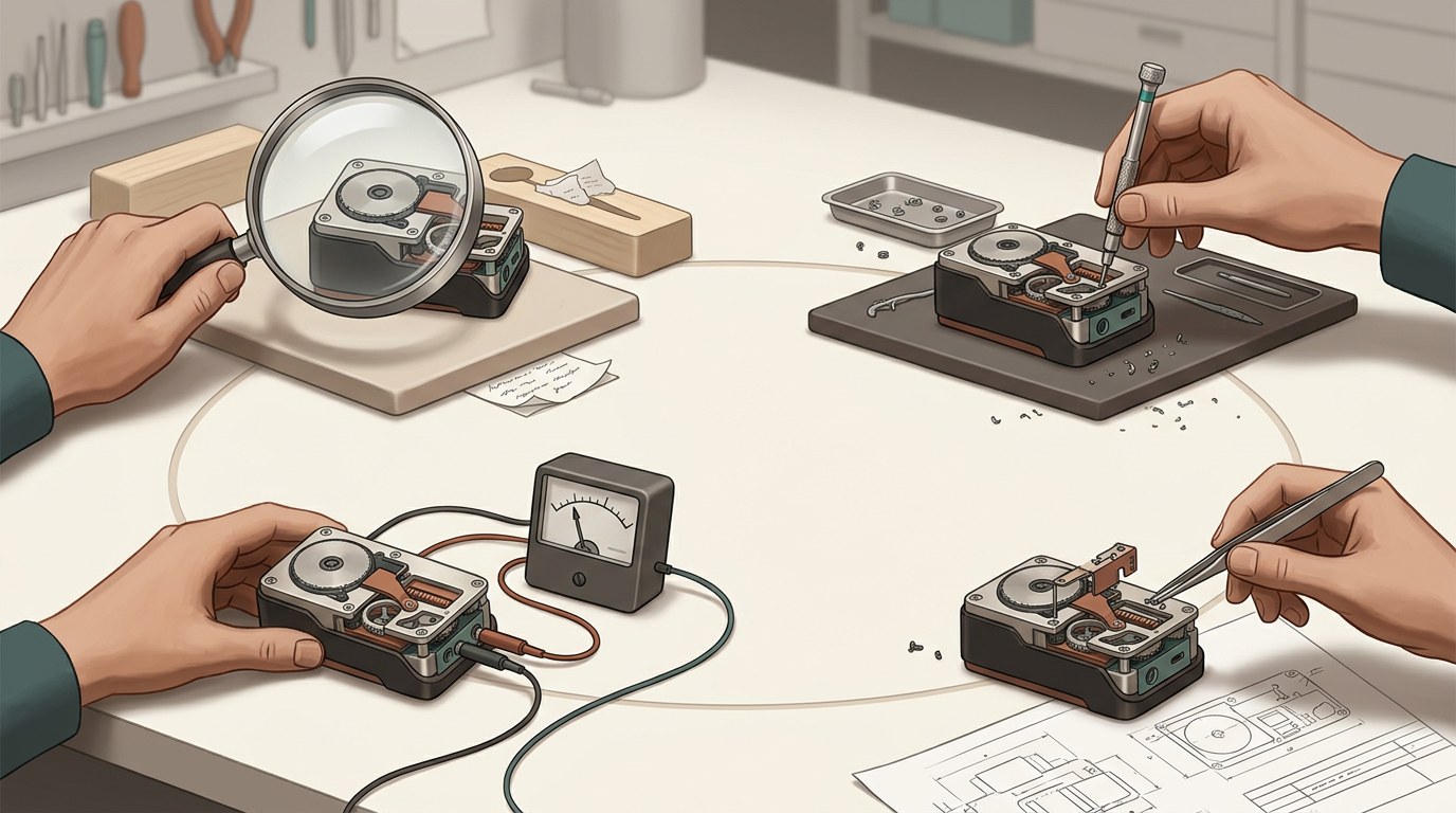 A four-stage illustration shows a small mechanical device being inspected, adjusted, tested and corrected in a continuous cycle.