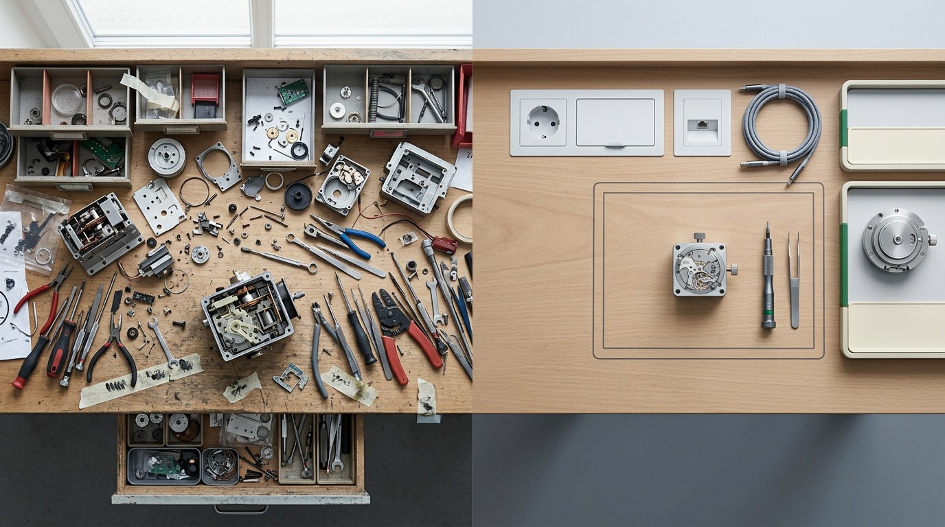 A split photographic scene contrasts a cluttered workbench with many opened parts on the left and a neat, bounded repair area with two selected tools on the right.