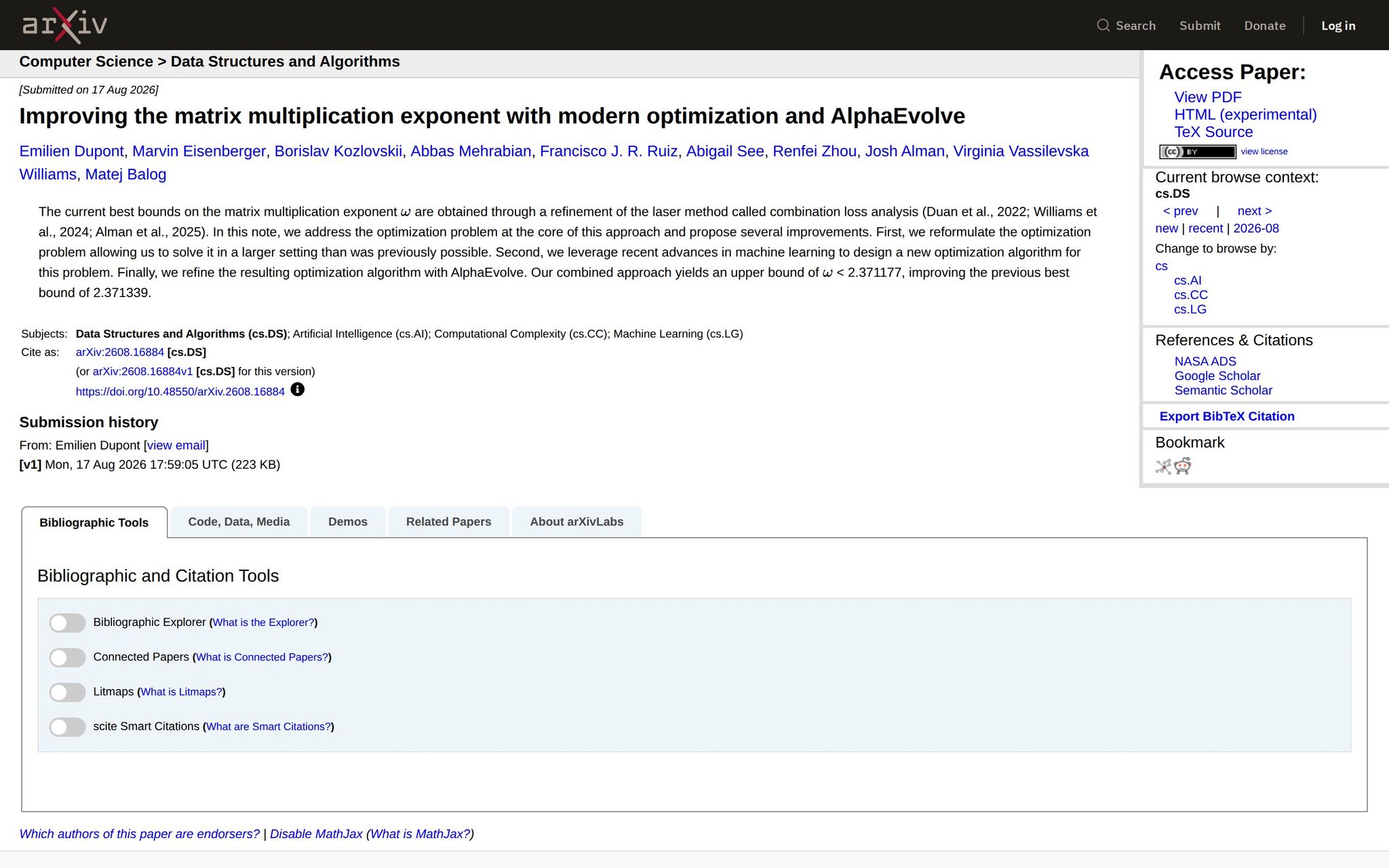 Improving matrix multiplication exponent with AlphaEvolve optimization