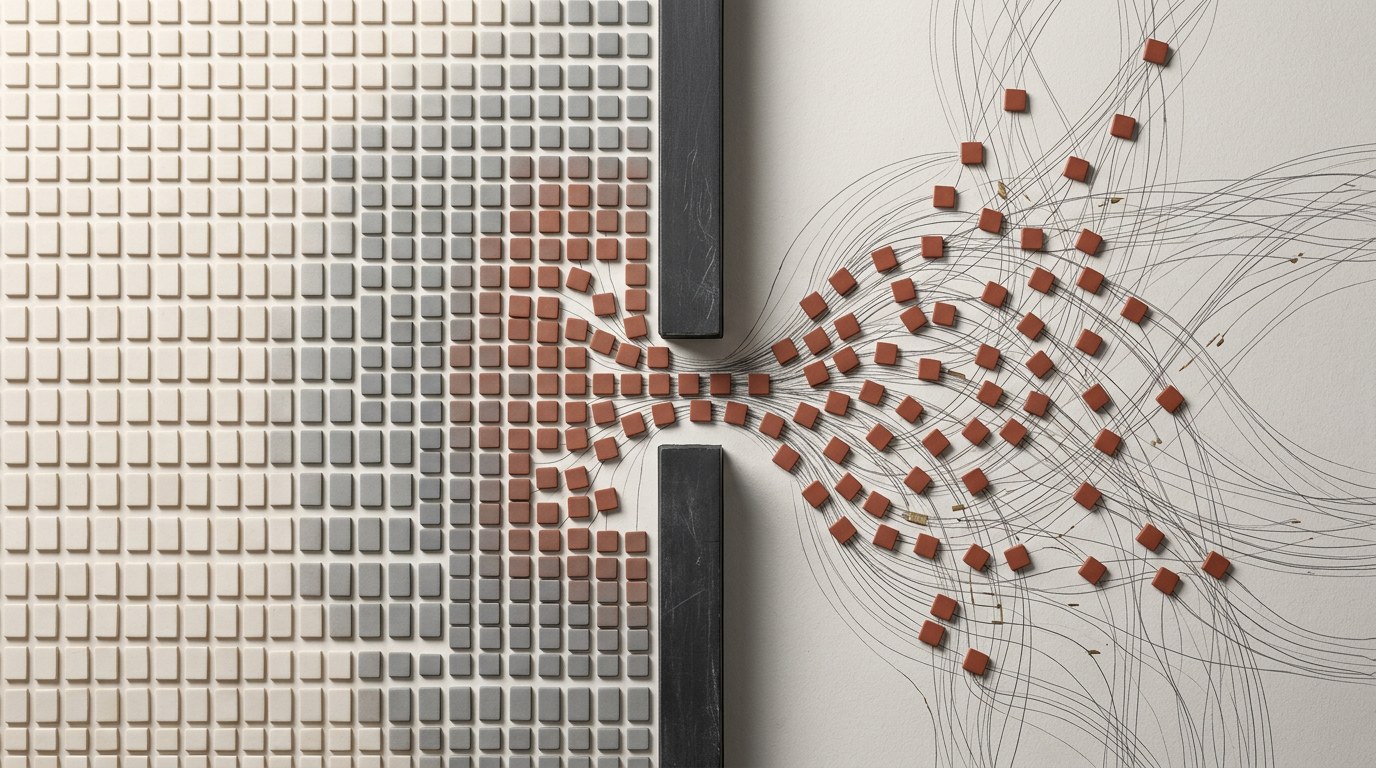 An abstract overhead illustration shows a large field of small tiles, with a majority-colored subset flowing through a narrow break in a boundary and leaving many overlapping paths beyond it.