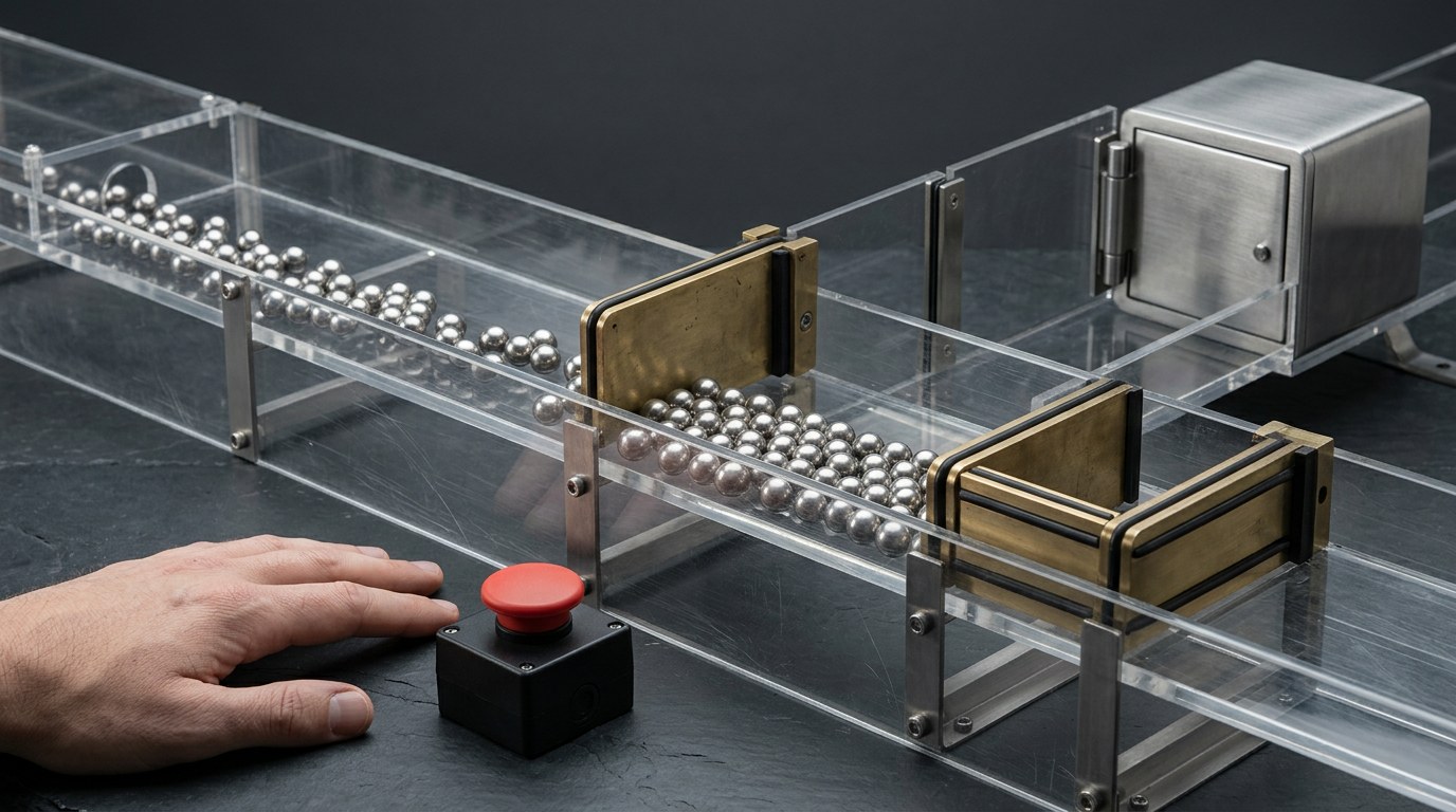 A studio photograph shows many steel ball bearings moving through a clear mechanical track divided by closed gates, with a human hand beside a red emergency-stop control before a locked metal compartment.
